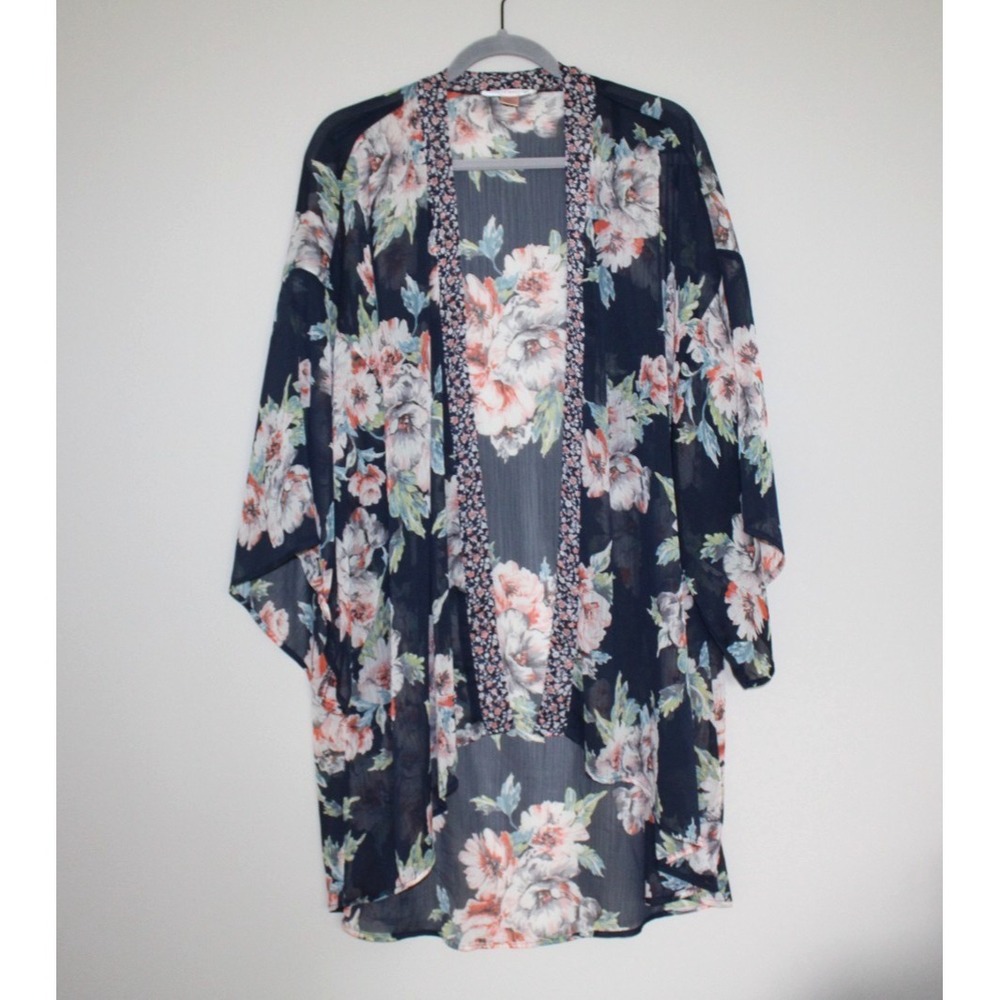 Band Of Gypsies Navy Floral Chiffon Kimono Cardigan Duster M/L Boho Sheer
